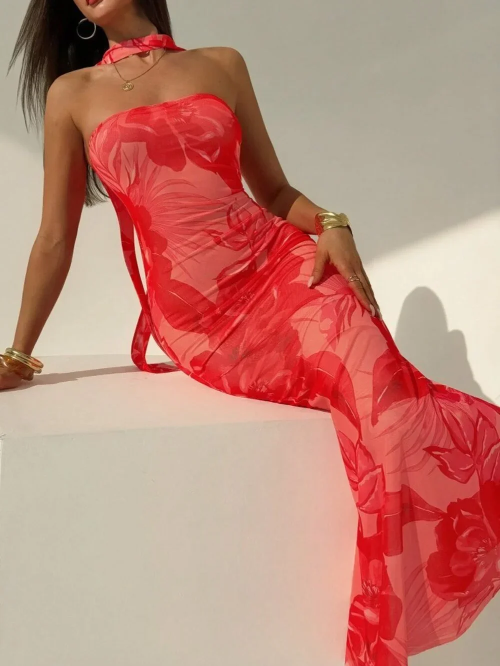 Red Elegant Women's Casual Printed Maxi Dress - Picture 8 of 8
